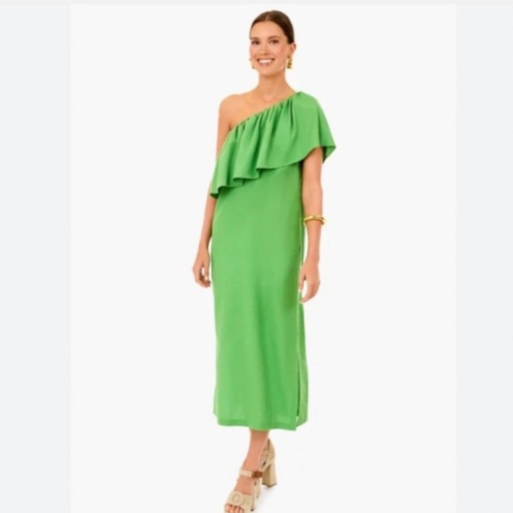 Pomander Place Green One Shoulder Ruffle Linen Blend Maxi Dress XS Y19653T